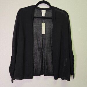 Chicos Black Ruched Sleeve Open Front Cardigan Sweater Size 1 Semi-Sheer Lightwe